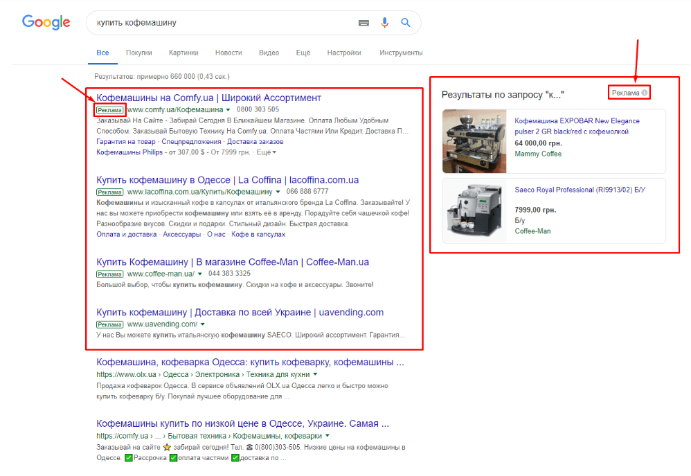 Пример поисковой рекламы Google Search (кофемашины)